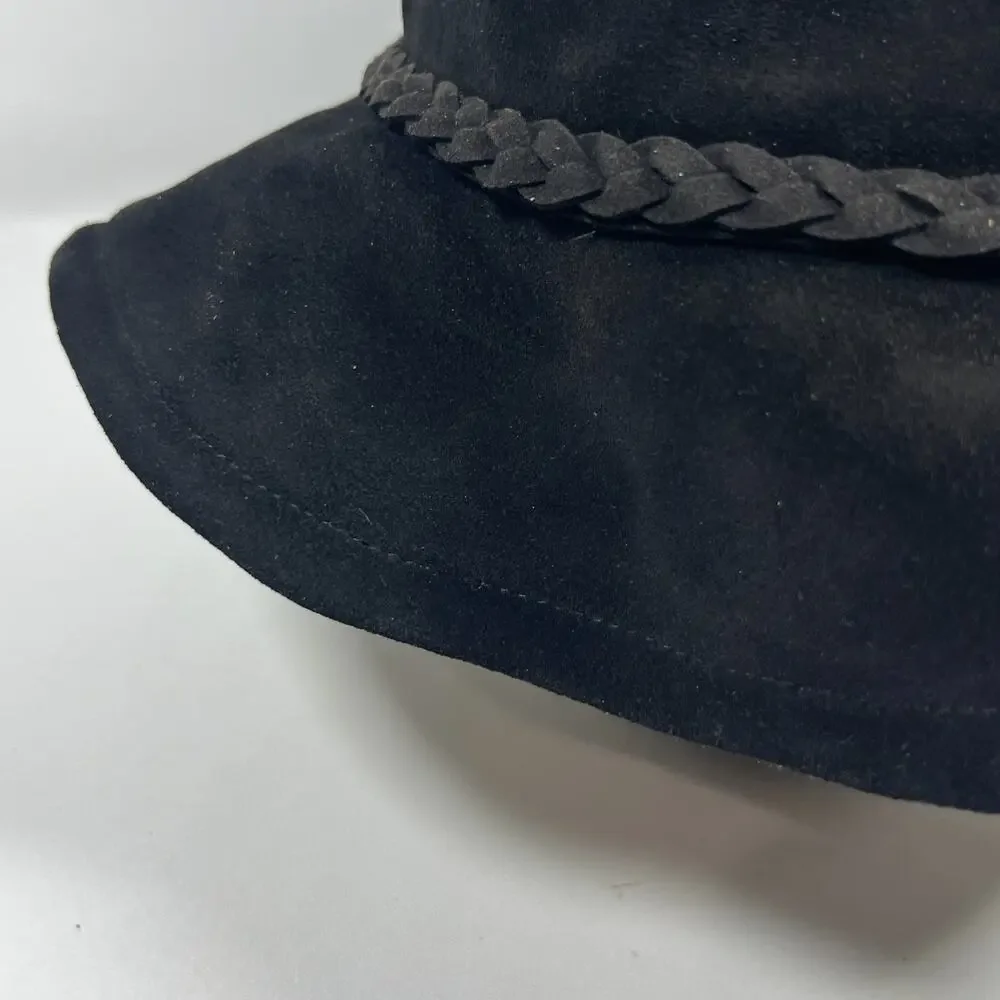 FREE PEOPLE Hat OS Tennessee Suede Leather Floppy Bucket Cap Braided Band Black
